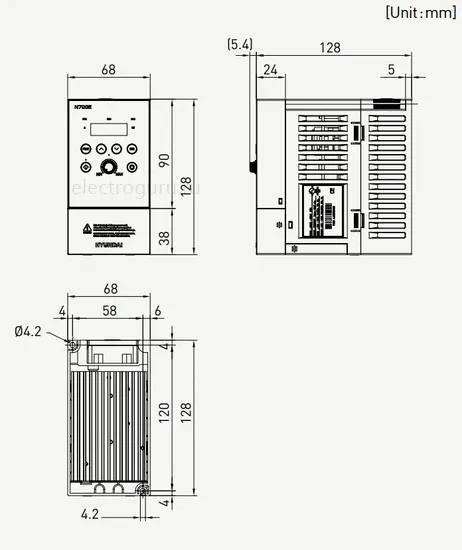 Габаритные размеры частотного преобразователя HDE-N700E-004SF и HDE-N700E-007SF