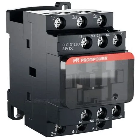 Контактор 24В, 12А, 1НО+1НЗ, PLC1D12BD, Prompower