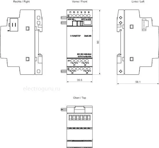 Размеры модуля расширения LOGO! DM8 24R, 6ED10551HB000BA2