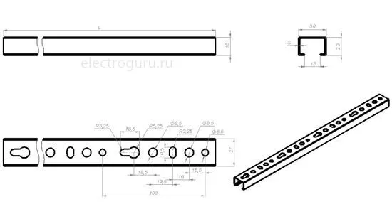 Профиль С-образный 30х20 с фигурной перфорацией CabLiderRapid, Лидер, чертеж